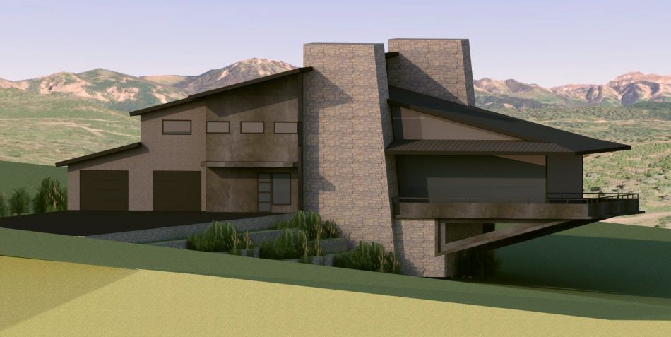 Geometric Shaped Home with Dark Grey Exterior, Cantilevered Deck, and Tapered Stone Columns.
