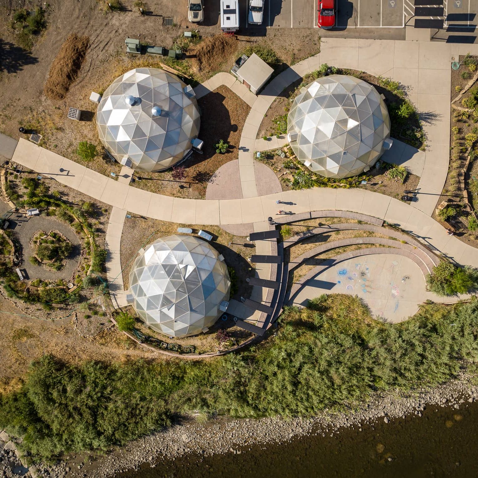 Drone View of Geothermal Domes and Park Showing the Manicured Terrain