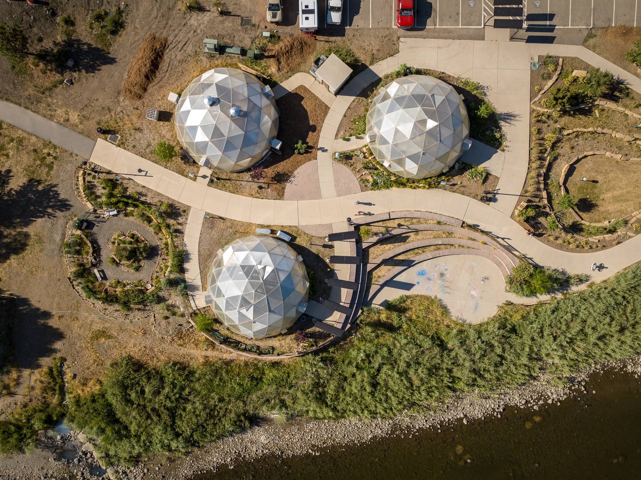 Drone View of Geothermal Domes and Park Showing the Manicured Terrain